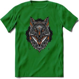 Vos - Dieren Mandala T-Shirt | Oranje | Grappig Verjaardag Zentangle Dierenkop Cadeau Shirt | Dames - Heren - Unisex | Wildlife Tshirt Kleding Kado | - Donker Groen - XXL
