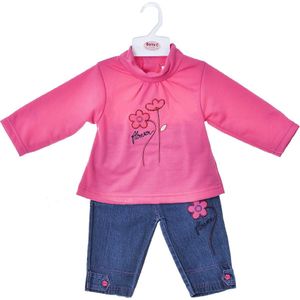 Baby C - Meisjes Outfit - Jeans & Top - Pink Flowers - Maat 6-9 mnd - 74