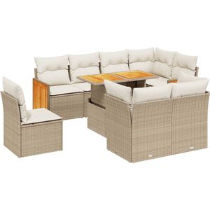 The Living Store 9-delige Loungeset met kussens poly rattan beige - Loungebank - Lounge Set - Tuinlounge - Buitentijnen - Outdoor Furniture
