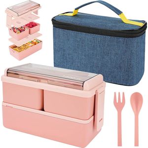 1400 ml lunchbox met 3 compartimenten - 2-laags lekvrije Bento-box met geïsoleerd zakje en bestek, maaltijdbereidingscontainers voor volwassenen Kinderen Studenten Kantoor Magnetron Veilig beschikbaar (roze)