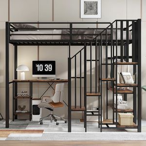 IJzeren bed 120x200cm, hoogslaper, hoekkast met opbergruimte, met tafel en opbergplank, met open kledingkast, ijzer + MDF, zwart + vintage houtkleur