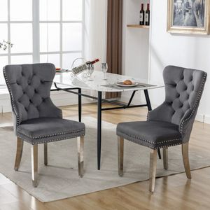 2 stuks hoge rug 4-poots stoel-Gray fluwelen eetkamerstoel-met-knoopsteek-massief houten frame-Gray-(Set van 2) Style 2