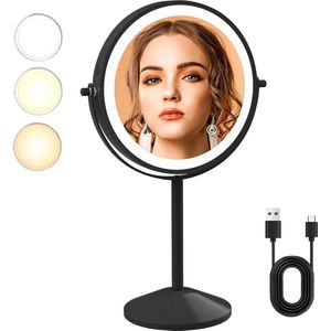 Oplaadbare LED Make-up Vanity Mirror met 1x/10x vergroting - 3 kleuren, lichten en vergrote reflectie voor make-up spiegel (710B10X)