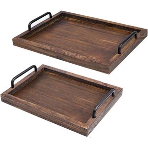 Rustieke houten dienbladen met handvat set van 2 - decoratieve nestborden voor ontbijt - salontafel - butler - groot 158 x 118 x 11 inch - klein 134 x 94 x 12 in