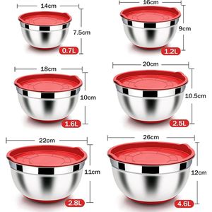 Mengkom, 6 stuks, roestvrij staal, slakom, set met luchtdicht deksel en siliconen bodem, stapelbaar, vaatwasmachinebestendig, 4,6 l / 2,8 l / 2,5 l / 1,6 l / 1,5 l / 0,7 l, rood