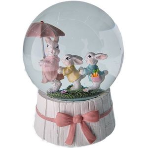 Viv! Christmas Pasen Sneeuwbol incl. muziekdoos - Drie paashaasjes met paraplu - roze wit - 16 cm hoog - Pasen Kunststof / Roze