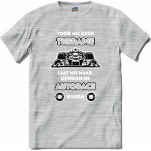 Voor mij geen therapie, laat mij maar gewoon de autorace kijken - Formule 1 - F1 race kleding - autorace cadeau - T-Shirt - Meisjes - Donker Grijs - Gemêleerd - Maat 12 jaar