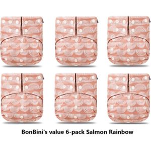 BonBini's luiers - wasbare luiers 6-pack Salmon rainbow 3-15 kg - luierbroekje - dubbele antilek preventie - drukknoopjes  en verstelbaar maat S, M, L maat 1 t/m 5NEW 6 pack