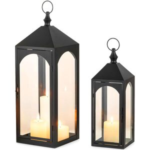 Grote lantaarn met glas - set van 2 - zwart - metaal