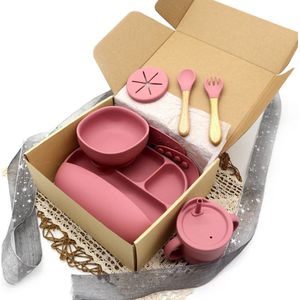 Kersvers - siliconen baby servies - kinderbord - baby bord - slabbetje - antislip - oudroze - kraamcadeau - giftset - kinderbestek - BPA vrij