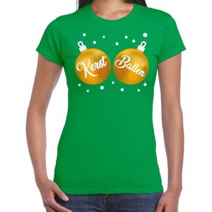 Fout kerst t-shirt groen met gouden kerst ballen borsten voor dames - kerstkleding / christmas outfit XXL