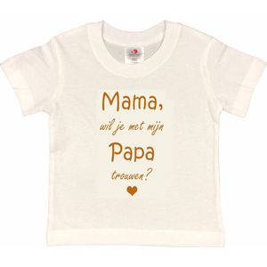 T-shirt Kinderen ""Mama, wil je met mijn papa trouwen?"" | korte mouw | Wit/tan | maat 134/140