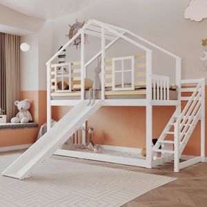 Houten stapelbed met trap en spijlen - massief houten kinderbed met glijbaan en raam - blokhut kinderbed met valbeveiliging - wit (90x200 cm)
