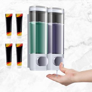 Zeepdispenser wandbevestiging, zeepdispenser zonder boren, zeepdispenser voor badkamer, set van 2 zeepdispenser 300 ml, met 4 x nagelvrije lijm, zeepdispenser douche voor shampoo, spoeling