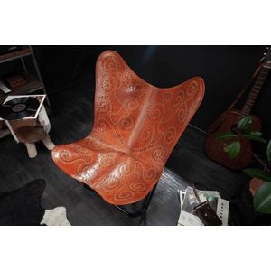 Retro loungestoel BUTTERFLY lichtbruine lederen bekleding met decoratieve klinknagels - 40133