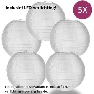 Nylon lampion - wit - 5 stuks - INCLUSIEF LED VERLICHTING - ophanghaakjes - waterbestendig - Tuinverlichting