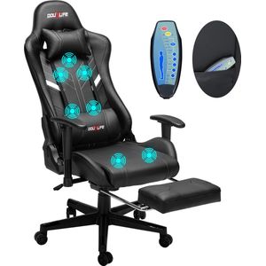 PU Massagestoel met voetenbankje - Ergonomische Gamestoel - 175° - Bureaustoel - Zwart