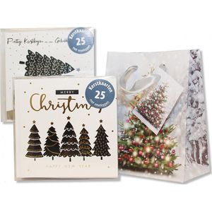 50 Luxe dubbele Kerstkaarten & gratis 2 Kerst cadeautasjes - 2 x 25 st - Folie - 4 motieven - Witte envelop - 10 x 10 cm