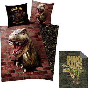 Dekbedovertrek - Dinosaurus - 1 persoons - 140x200 cm - 100% katoen - dubbelzijdig - inclusief een Dino Bedsprei - 170 x 210 cm