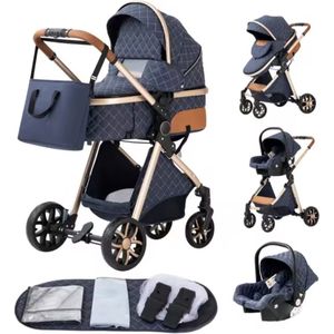 J&R Kinderwagen 3 in 1 - Kinderwagen - Bedje - Buggy - Autostoel - Opvouwbaar - Aluminium frame - Blauw - Goud - Bruin