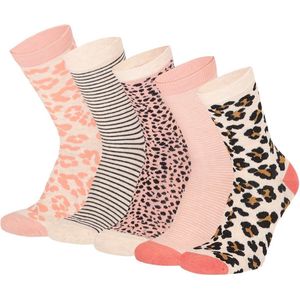 Apollo - kindersokken met print - Roze/Beige - Maat 35/38 - Kleurrijke kindersokken - Sokken kind - Sokken jongens - Sokken meisjes - Kindersokken multipack