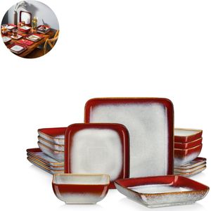 Luxe Serviesset – 16 delig – 4 persoons – Porselein - Bordenset – Dinner platen – Dessertborden - Kommen - Mokken - Schaaltjes -Rood