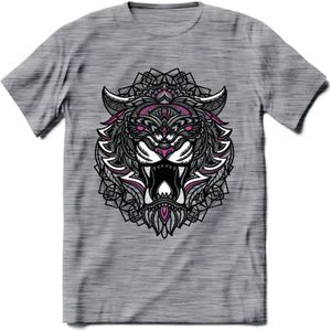 Tijger - Dieren Mandala T-Shirt | Roze | Grappig Verjaardag Zentangle Dierenkop Cadeau Shirt | Dames - Heren - Unisex | Wildlife Tshirt Kleding Kado | - Donker Grijs - Gemaleerd - XXL
