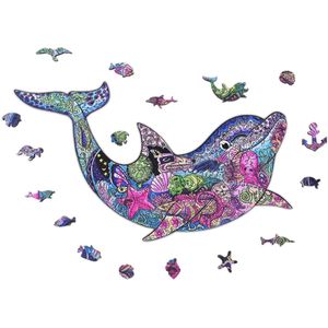 ACROPAQ Houten puzzel dolfijn - 150 Stukjes, A4 formaat 210 x 297 mm, Puzzel voor kinderen en volwassenen
