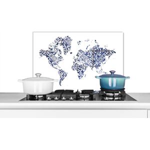 Spatscherm keuken 70x50 cm - Kookplaat achterwand Wereldkaart - Delfts Blauw - Wit - Muurbeschermer - Spatwand fornuis - Hoogwaardig aluminium