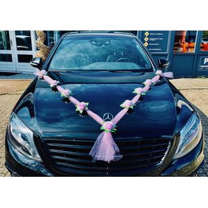 AUTODECO.NL - DRINA Auto Versiering - Trouwauto Decoratie Roze Lint met 9 Rozen - Bruidsautodecoratie -Licht Roze Rozen & Tule - Motorkap Versiering - Autobloemstuk Bruiloft - Bloemen op de Auto - Bloemen op de Motorkap- Trouwerij - Huwelijk