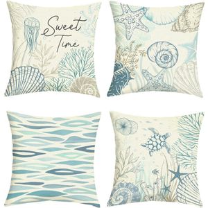 Ibenzoa® Kussenhoezen Set van 4 voor Zomer, Nautisch Thema met Zeeschildpad en Oceaan Motieven