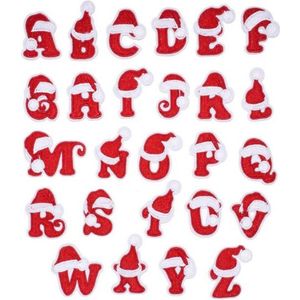Strijk Embleem Kerst 26 stuks - Alfabet - Letters Stof Applicatie - Geborduurd - Strijkletters - Strijkembleem - Kleding - Kerstmuts