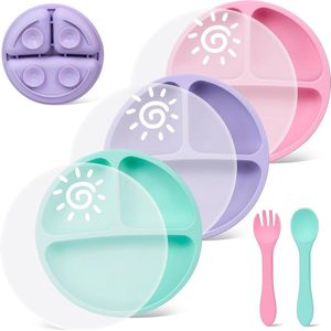 Siliconen babyborden met zuignap en deksel, zonpatroon, gedeelde kinderserviesset met vorken en lepels, BPA-vrij, babybord, kinderbord, 3 stuks (mintgroen, mauve, roze)