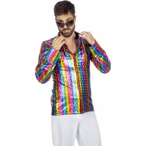 Wilbers & Wilbers - Jaren 80 & 90 Kostuum - Festival Overhemd Stralend Glinsterende Regenboog Man - Multicolor - Maat 52 - Carnavalskleding - Verkleedkleding