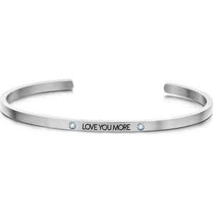 Key Moments 8KM-B00464 - Stalen open bangle met tekst - * love you more * - zirkonia - Cadeau voor haar - one-size - zilverkleurig