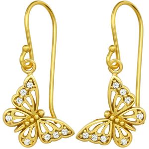 Joy|S - Zilveren vlinder bedel oorbellen - oorhangers - zirkonia - 14k goudplating