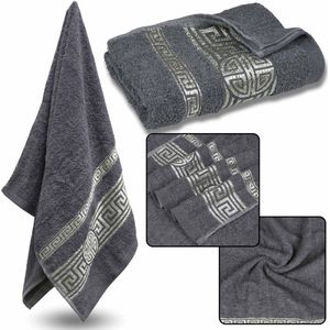 Grijze Katoenen Handdoek met Decoratief Borduursel, Badhanddoek, Egyptisch Patroon 70x135 cm