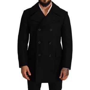 Zwarte wollen trenchcoat peacoat jas