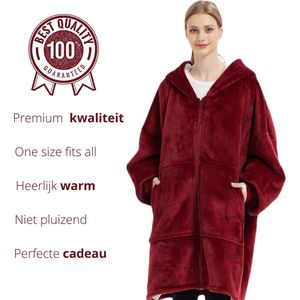 Q-Living Hoodie Deken - Extra Lang & Dik - Snuggie - Plaid Met Mouwen - Snuggle Hoodie - Fleece Deken Met Mouwen - 1450 gram - Wijnrood Met Rits