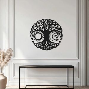 Zwarte Metalen Muurdecoratie - Levensboom, Maan en Zon - Rond 30x30 cm