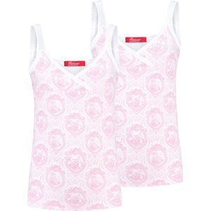 Exclusief Luxueus Kinder ondergoed, twee Luxe mooie zacht roze Girly Hemdjes van Hanssop met fashionable elastische rand details en in een luxe exclusieve Hanssop Pink Toile design, Twee meisjes Hemdjes, zacht roze toile print, maat 128