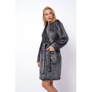 Luxe badjas dames – kort model – grijze badjas met kroon borduringen - damesbadjas zacht – luxury bathrobe �– 100% fleece – maat XXL
