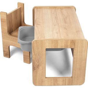 Industrial Living kindertafel met grijze lade - Speeltafel met kinderstoel - Kinderbureau - Tekentafel - Activiteitentafel - Hout - Walnoot