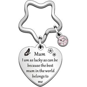 Fako Bijoux® - Sleutelhanger Mum Lucky Me - Thank You - Ster - Hart - Kristal - Sleutelring Tekst - Cadeau - Geschenk - Mama - Moederdag - Zilverkleurig