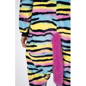 KIMU Onesie Regenboog Tijger Zebra Pak - Maat XS-S - Zebrapak Kostuum Gestreept 152 158 - Jumpsuit Kat Huispak Pyjama Dames Fleece Zacht Festival