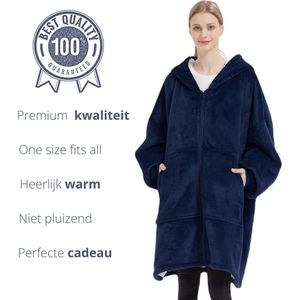 Q-Living Hoodie Deken - Extra Lang & Dik - Snuggie - Plaid Met Mouwen - Snuggle Hoodie - Fleece Deken Met Mouwen - 1450 gram - Navy Blauw Met Rits