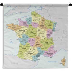 Wandkleed Kaart Frankrijk - Kleurrijke kaart van Frankrijk Wandkleed katoen 150x150 cm - Wandtapijt met foto
