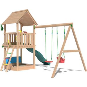 Jungle Gym speeltoestel van douglas hout - Jungle Suite met donkergroene glijbaan - Tuin speeltoestel voor buiten met zandbak en schommels