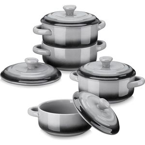 Mini Cocotte, Stoneware Ramekins, 4-delige Soufflévormen met deksel, Kleine Ovenschaal, Stoneware met handvatten voor bakken, Soufflé, Binnendiameter 11 cm, 420 ml.