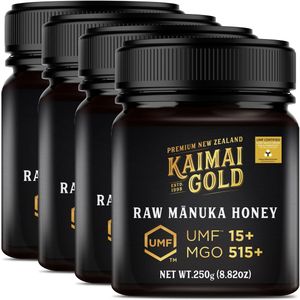Kaimai Gold MGO 515+ / UMF 15+ Manuka Honing * 1000G (4x 250G) Premium Monoflorale UMF® Gecertificeerde ManukaHoning uit Nieuw-Zeeland # T.h.t. 01-10-2029 # MGO 400 = UMF 12, 420 450 = UMF 13, 514 550 = UMF 15, 600 625 = UMF 16, 696 700 720 = UMF 18